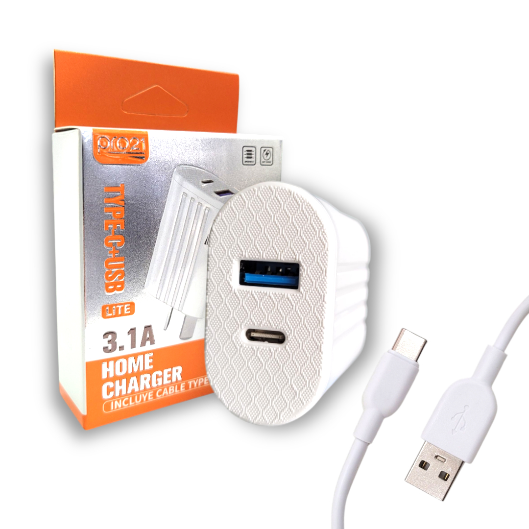 CARGADOR PRO21 LITE 3.1AMP CABEZAL 2 USB A/C + CABLE TIPO C