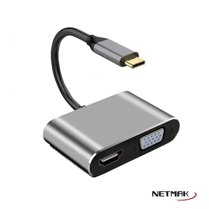 ADAPTADOR HUB TIPO C 4 EN 1 HDMI / VGA / USB-A / USB-C - NETMAK